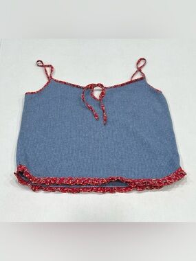 Y2K Ralph Lauren Medium Blue Cami Floral Ruffle Trim Vintage Rib-Knit Tank Top